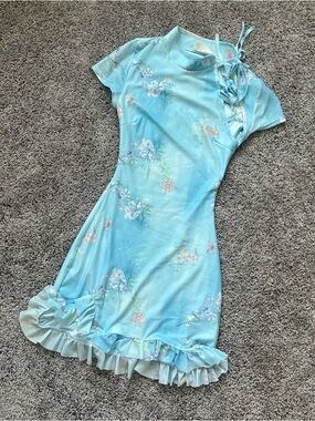 Dolls Kill Pastel Blue Floral Tie-Shoulder Mini Dress